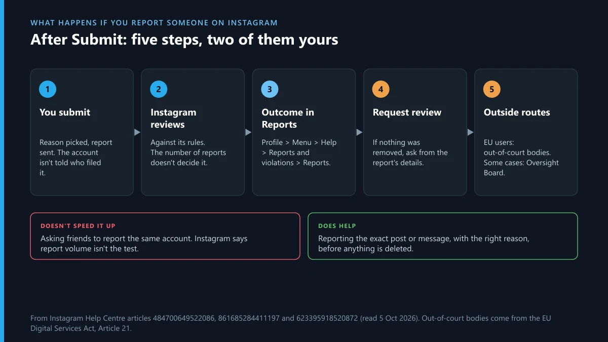 What happens if you report someone on Instagram: submit, review, outcome in Reports, request review, then outside routes