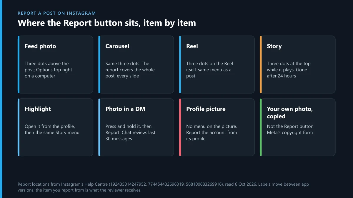 Report a post on Instagram: where Report sits on a photo, carousel, Reel, Story, Highlight, DM photo and profile picture