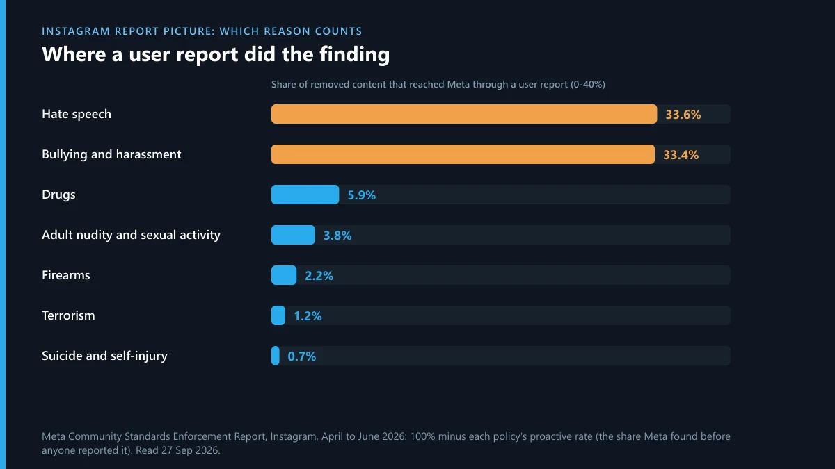 Instagram report picture by reason: share of removed content first flagged by a user report, Q2 2026, by policy
