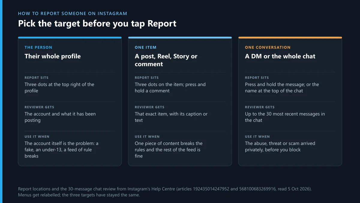How to report someone on Instagram: profile, single post or comment, or one chat, and what the reviewer gets