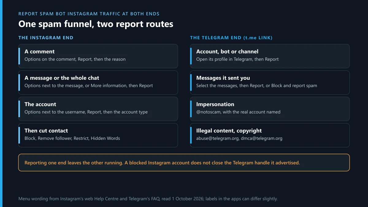 Report spam bot Instagram traffic at both ends: Instagram in-app reports beside Telegram reports and @notoscam