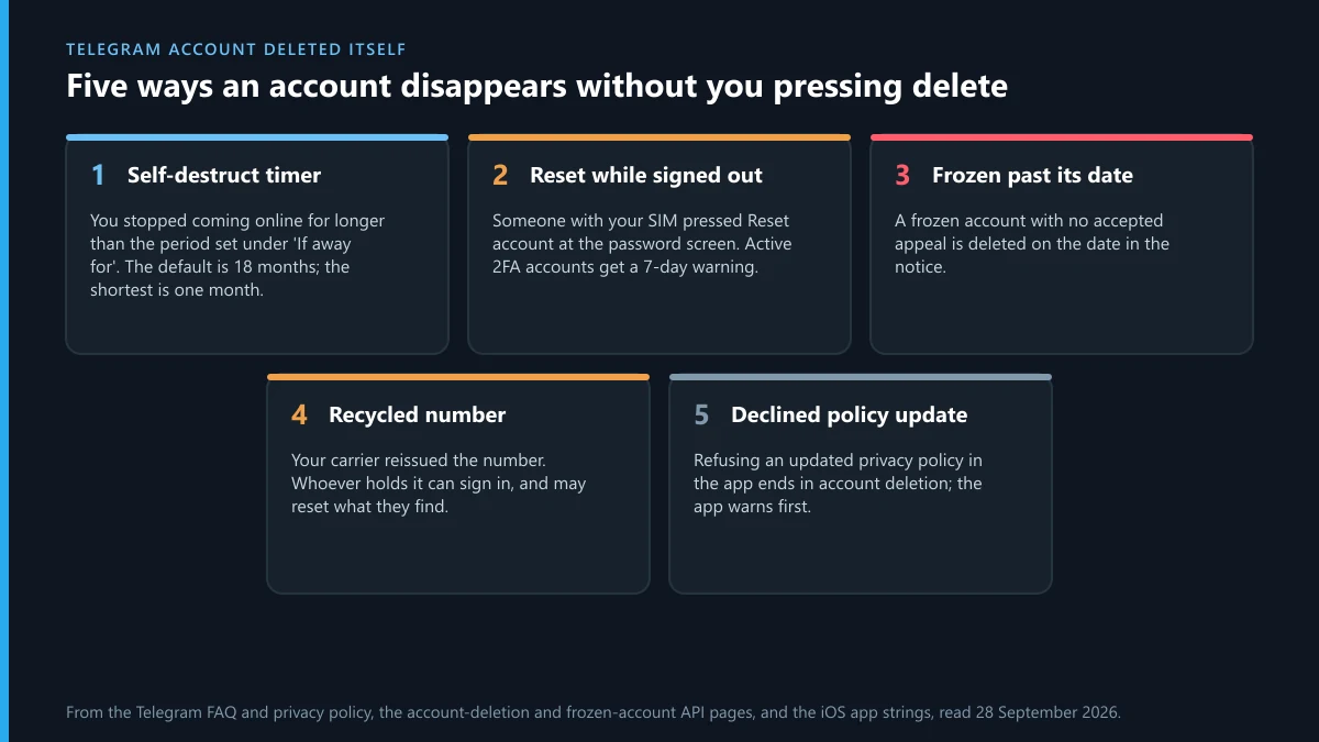 Telegram account deleted itself: five causes, from the self-destruct timer and a signed-out reset to a recycled phone number