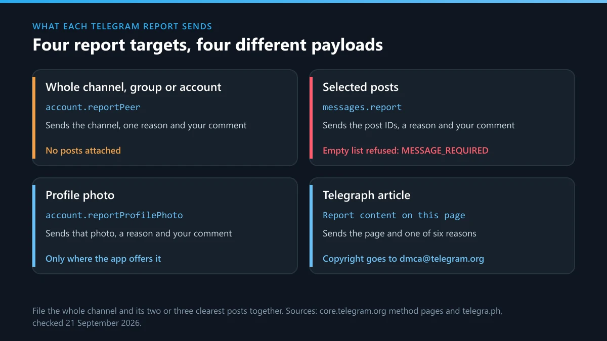How to report a Telegram channel: what a channel, post, profile-photo and Telegraph-page report each send
