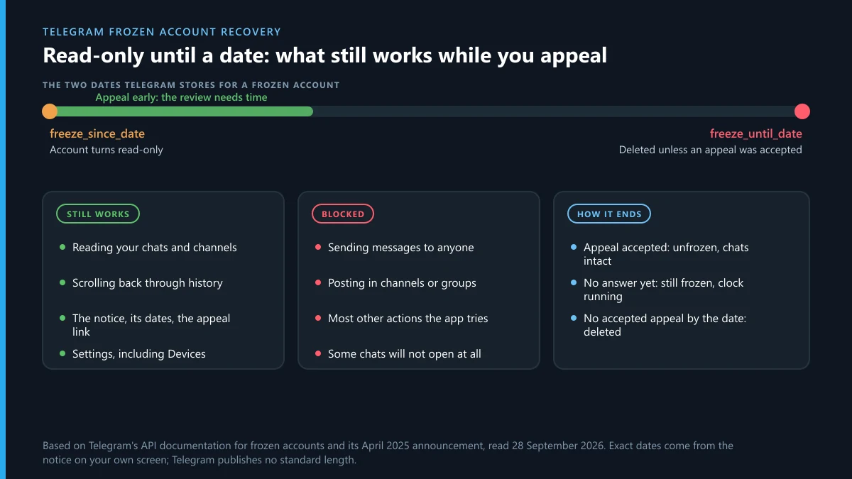 Telegram frozen account recovery timeline: read-only from the freeze date, deleted at the end date without an accepted appeal