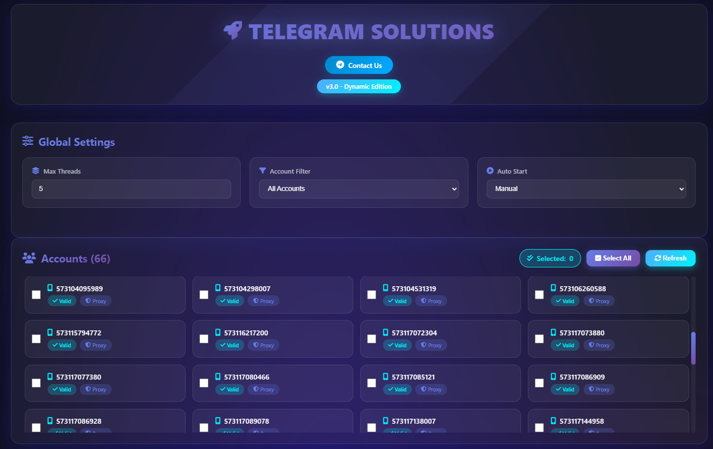 Telegram mass report panel software listing dozens of logged-in accounts set up to fire bulk reports