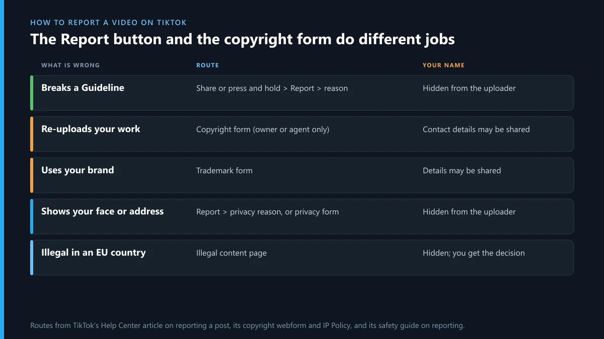 How to report a video on TikTok: Report button for rule breaks, copyright form for stolen work, privacy for your face