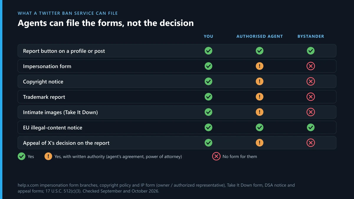 Twitter ban service tasks: which X reports and forms you, an authorised agent or a bystander may file