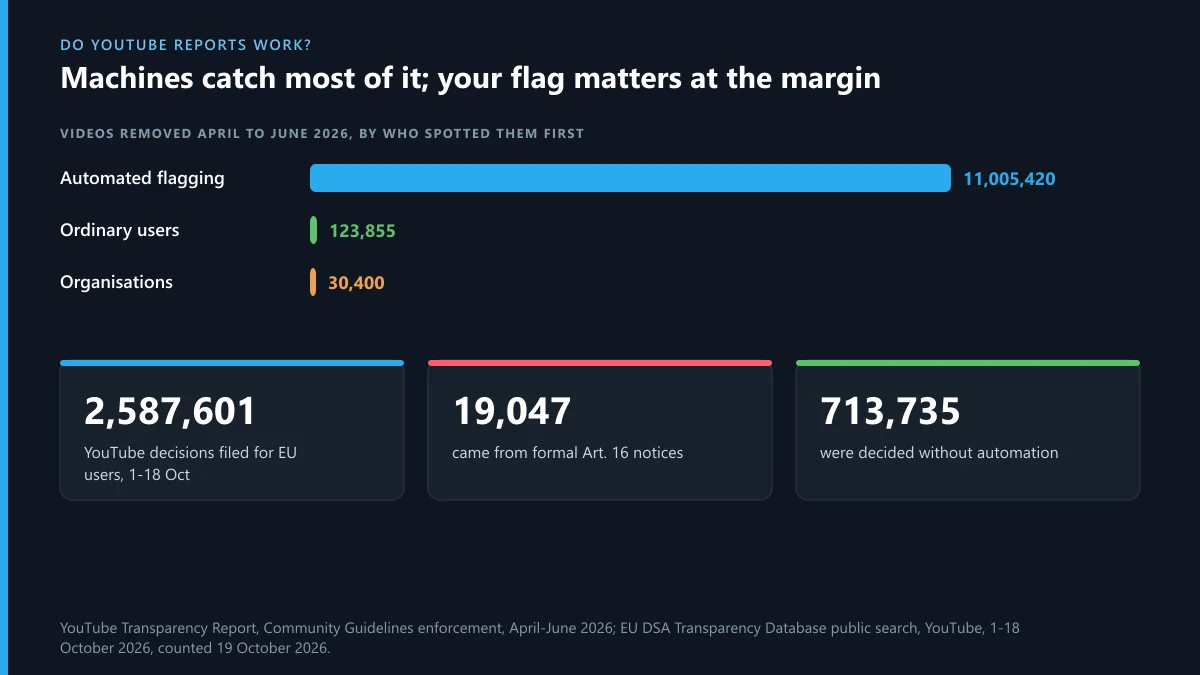 Do YouTube reports work: videos removed April-June 2026 by first detector, and YouTube EU DSA decisions 1-18 October 2026